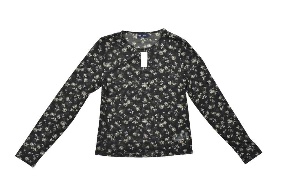GAP Women's Size Medium Mesh Floral Print Long Sleeve Top Sheer Black Rose NWT